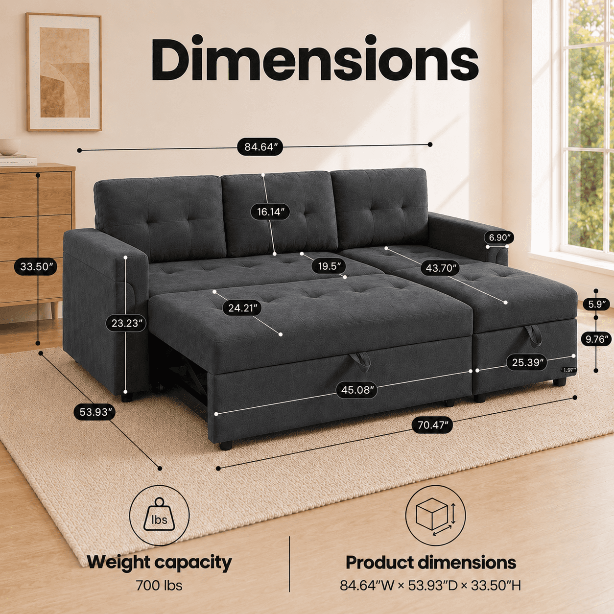 Naomi Home Living Room Collection L Shaped Velvet Convertible Sleeper and Storage Chaise Sectional Sofa with Sofa and Chaise, Dark Gray