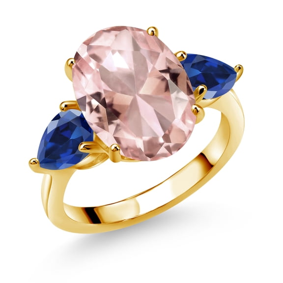 18K Yellow Gold Plated Silver Peach Nano Morganite and Blue Created Sapphire Ring for Women (11.20 Cttw, 14X10MM Oval and 7X5MM Pear Shape, Gemstone October Birthstone, in Size 5, 6, 7, 8, 9)
