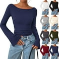thumbnail image 2 of TrdSipl Long Sleeve Shirts Women Fall Ruched Bell Sleeve Boat Neck Basic Tee Lounge Slim Ribbed Knitted Crop Tops Cute Outfit Stylish Clothes, 2 of 6