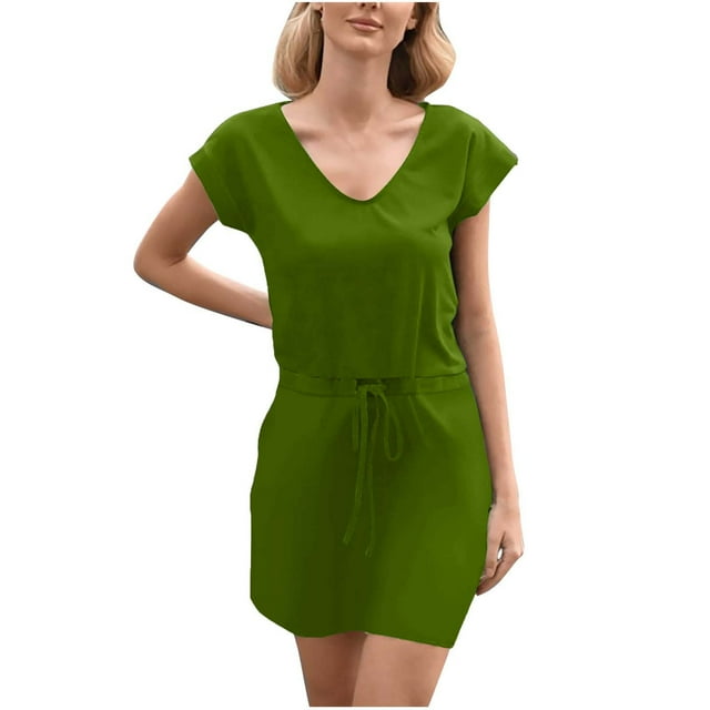 FAVIPT Robes Boho pour Femmes 2025 Été Manches Courtes Col en V Combinaisons Cordon Taille Élastique Robe Unie avec Poches 2025 Vert Armée,TG
