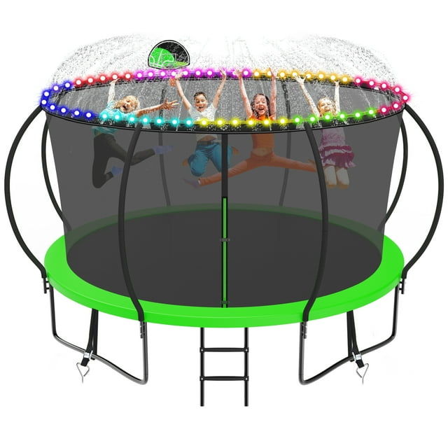 Kacho 14FT Trampoline with Enclosure Net, Light and Sprinkler, Ladder, 1400LBS Trampoline with Basketball Hoop for Kids, Outdoor Backyard Trampoline, No Gap Design, Green