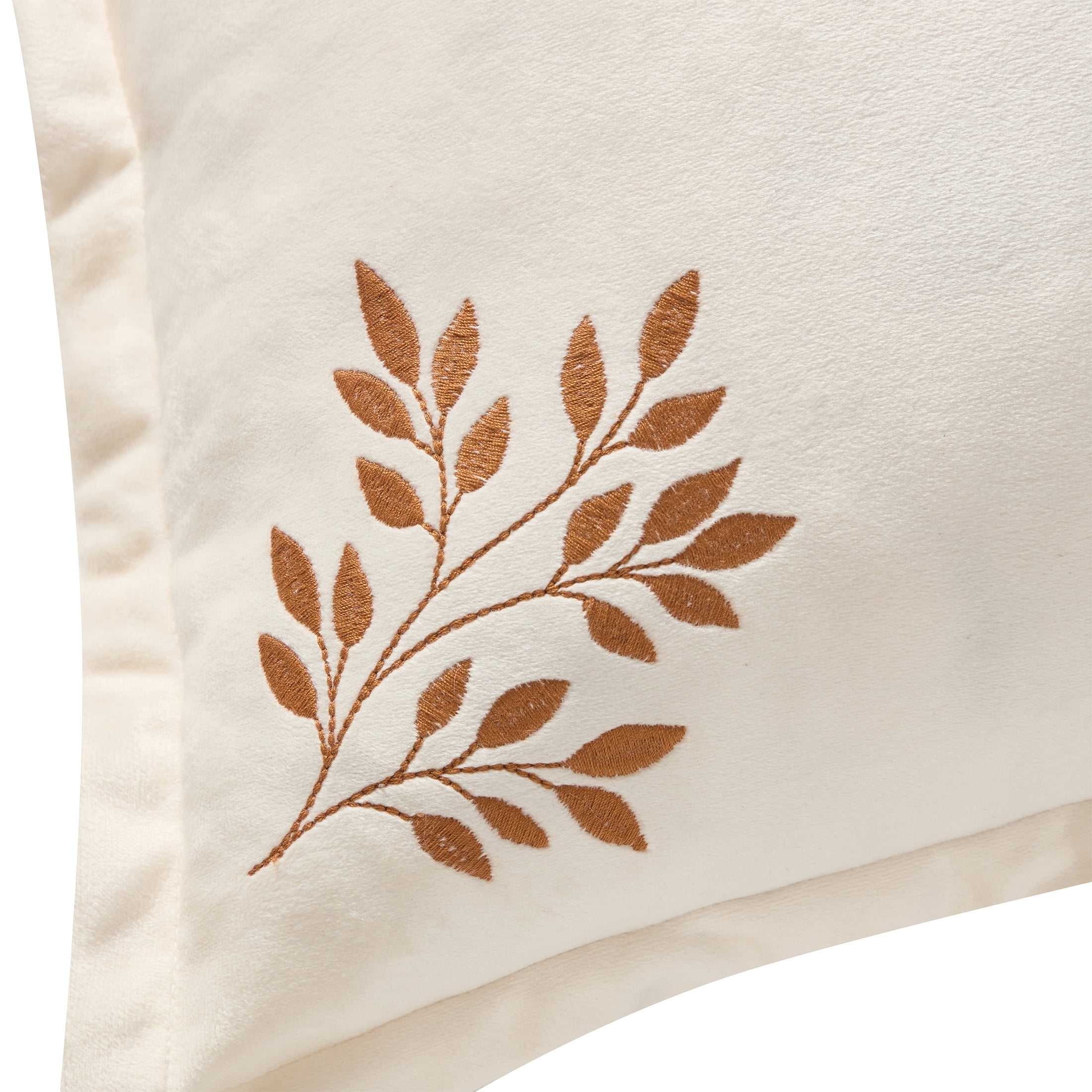 My Texas House 18 in x 18 in Ivory Embroidered Leaves Velvet Decorative Pillow