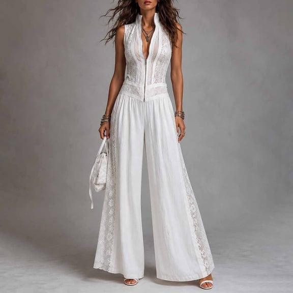 Dressy Casual Jumpsuits for Women Floral Lace Sleeveless High Neck Zipper Up Wide Leg Pants Jumpsuits, L