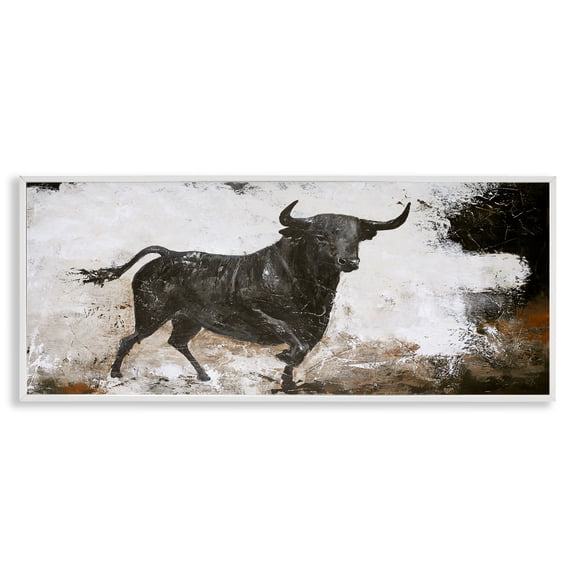 Stupell Industries Rustic Lodge Rustic Running Bull Abstract Animal Wild Cattle White Framed Giclee Art, 30 x 13, by Design Fabrikken