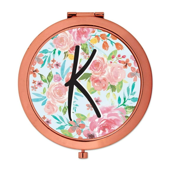 Koyal Wholesale Compact Mirror Bridesmaid's Wedding Gift, Rose Gold, Monogram Letter K, Tea Party Pink Floral Flowers