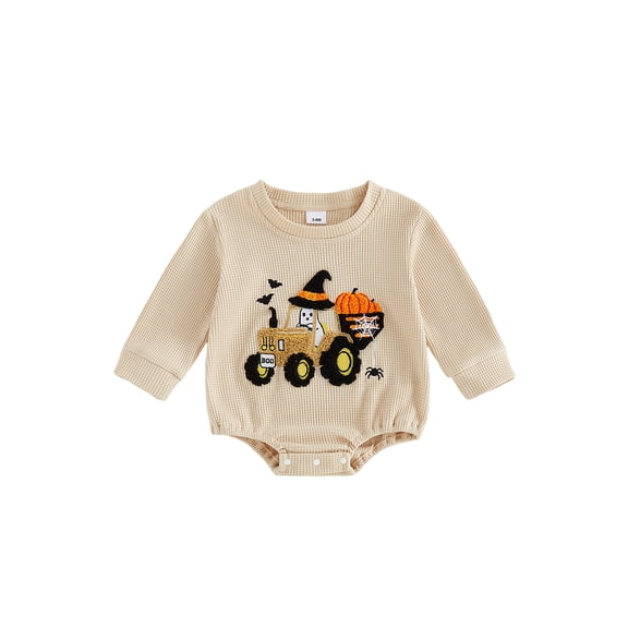 Cjfdfy Newborn Baby Boy Girl Hallow Outfit Infant Baby Fall Clothes Waffled Bubble Romper Ghost Pumpkin in Tractor Embroidery Long Sleeve Bodysuit Playsuit