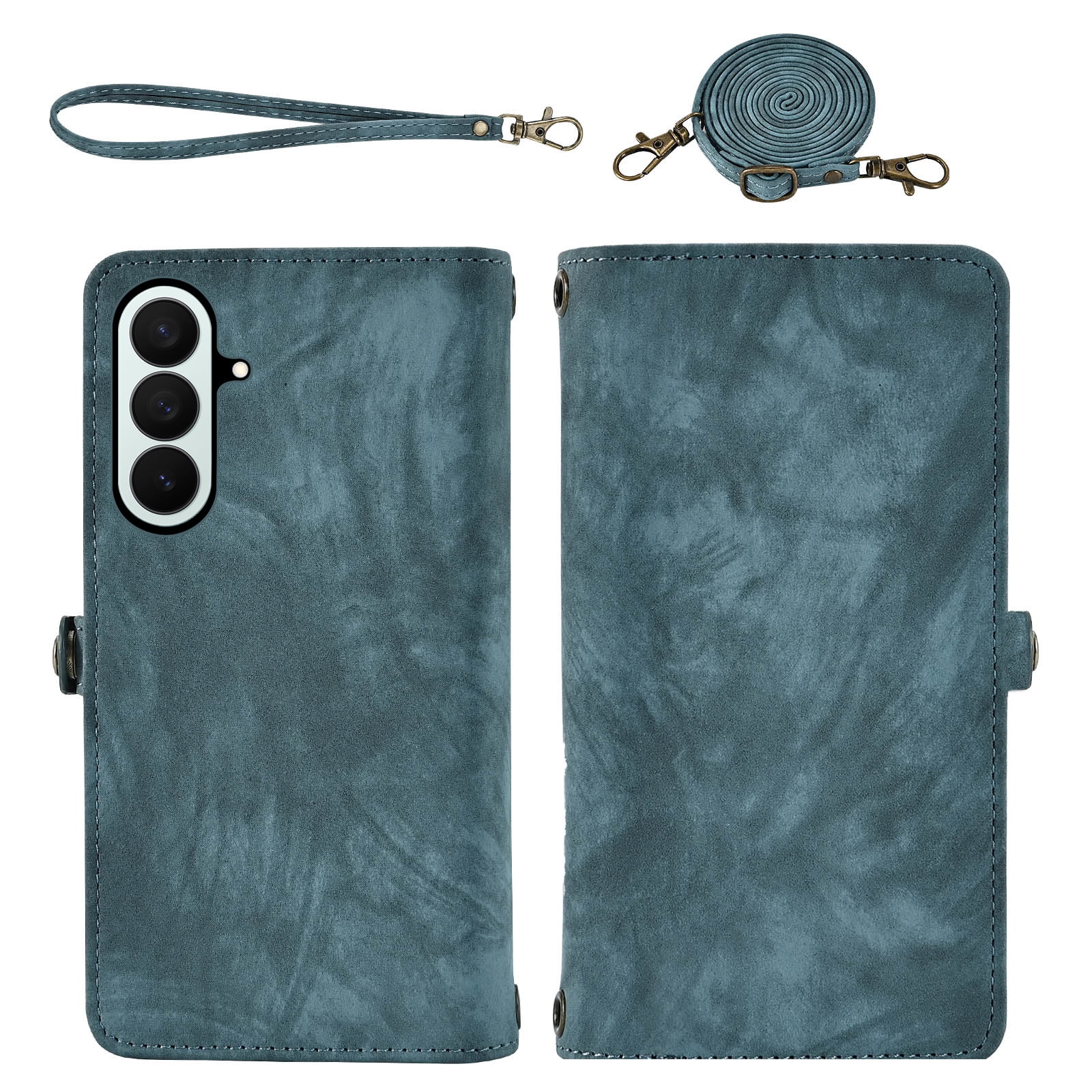 Asuwish Phone Case for Samsung Galaxy Z Fold 7 Zipper Wallet Detachable Cell Cover Crossbody Lanyard Strap Flip Card Holder ZFold Z7 G Fold7 7Z Women Girls Blue