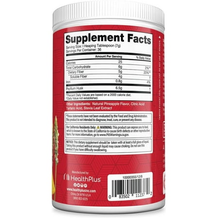 Health Plus Colon Cleanse Digestive Support | No Artificial Flavors | Daily Fiber for Toxin Elimination To Reduce Bloating | Psyllium Husk | Pineapple Flavor | 9 Ounces, 36 Servings