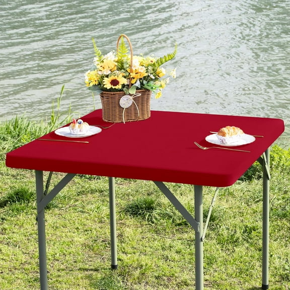 Square Fitted Table Cover Elastic Tablecloth Stretch Spandex Table Top Cover Table Topper Cap for Dining Kitchen Home Party Burgundy 36X36 Inch