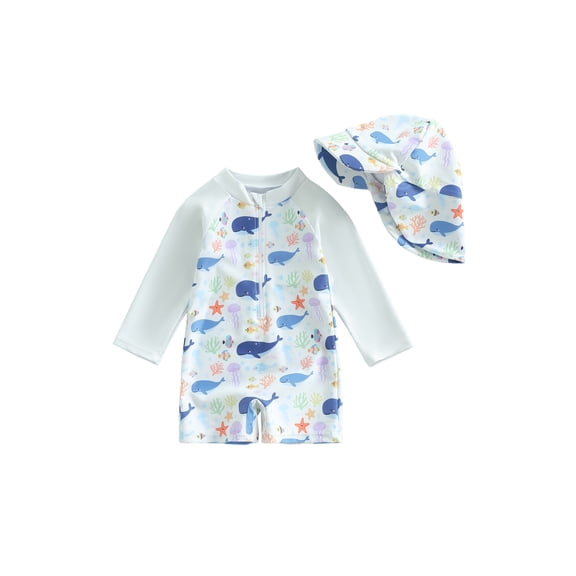 BemeyourBBs Newborn Baby Boys Girls One Piece Swimsuit with Hat Infant Bathing Suit UPF 50 Rash Guard Zipper Swimwear Long Sleeve Sea Animal Printed Summer Beachwear