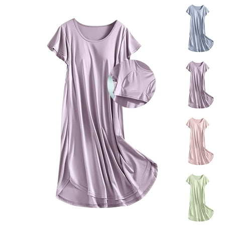 NANAIQ Women s Summer Round Neck Sleep Dress with Built-in Bra Cool & Breathable Nightgown for Lounge  Sleepwear & Home Comfort | Sexy Pajama Dress & Lingerie Short Sleeve Dress Pink L