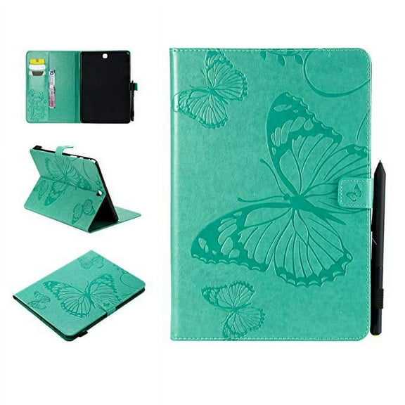 Galaxy Tab A 9.7-inch SM-T550/P550 Case, Allytech Embossed with Butterfly Series AUTO WAKE/SLEEP Folio Stand Wallet Case with Cards/Cash Holder for Samsung Galaxy Tab A 9.7-inch Tablet, Green