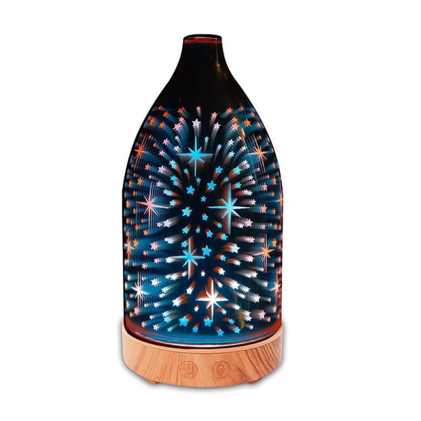 Lámpara Ultrasónica De Aromaterapia Humidificador Silencioso Dormitorio Luz De Noche De Cristal Con Base De Madera Granulada Lámpara De Aromaterapia Con Patrón De Estrellas 3D Noticed HA024987-02