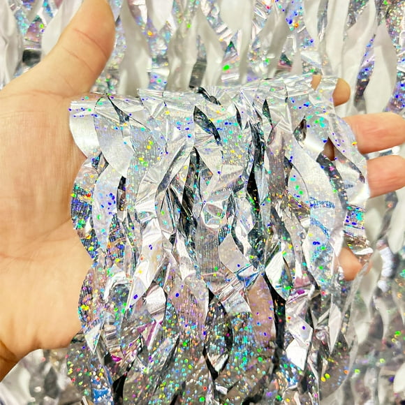 Nvzi Paquete de 2 cortinas de papel de aluminio plateado para fiestas, 3,3 pies x 6,6 pies,cortinas con flecos de papel de aluminio de oropel metálico para decoraciones navideñas