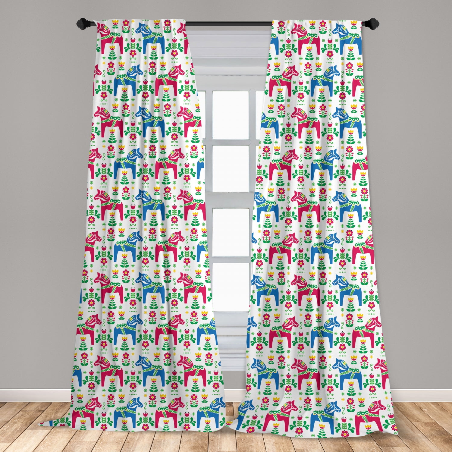 Horses Curtains 2 Panels Set, Classic Swedish Dalecarlian Coral Azure