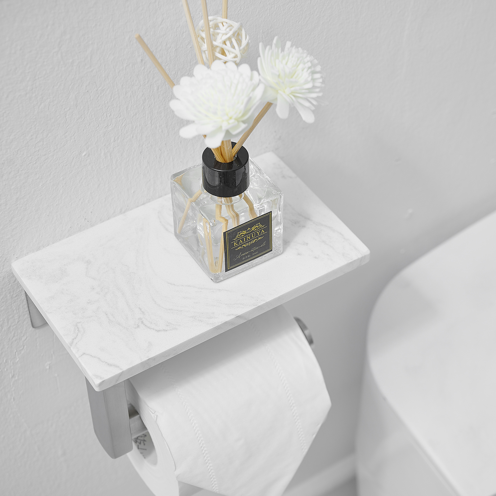 Wall Mount Toilet Paper Holder With Natural Marble Shelf Tissue Storage Holder In Brushed Nickel