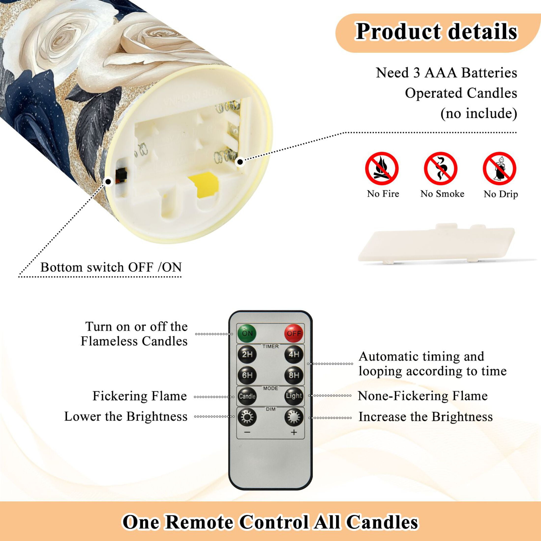 Wobogo Luxurious Floral Flameless Candles with Remote Battery Operated Flickering LED Candles with Timer 2/4/6/8H Medium Size
