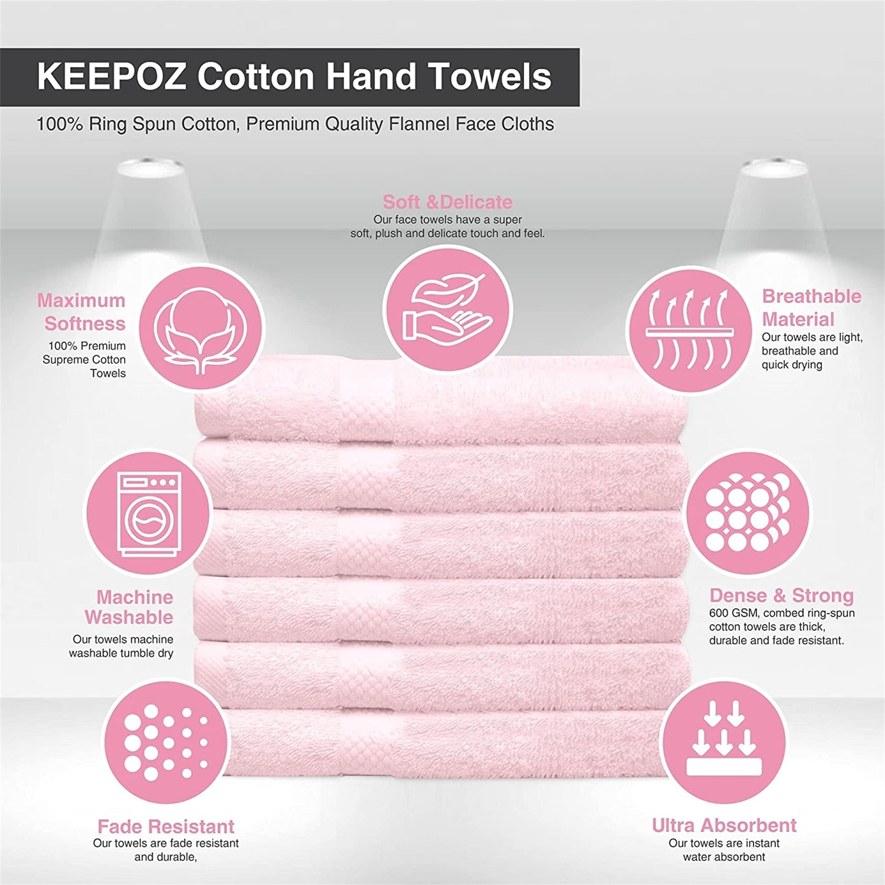 Kaufman - Premium Hand Towels Set for Bathroom, Spa, Gym, and Face Towel 100% Cotton Ring SPUN, Ultra Soft Feel and Highly Absorbent Towels (Set of 6)