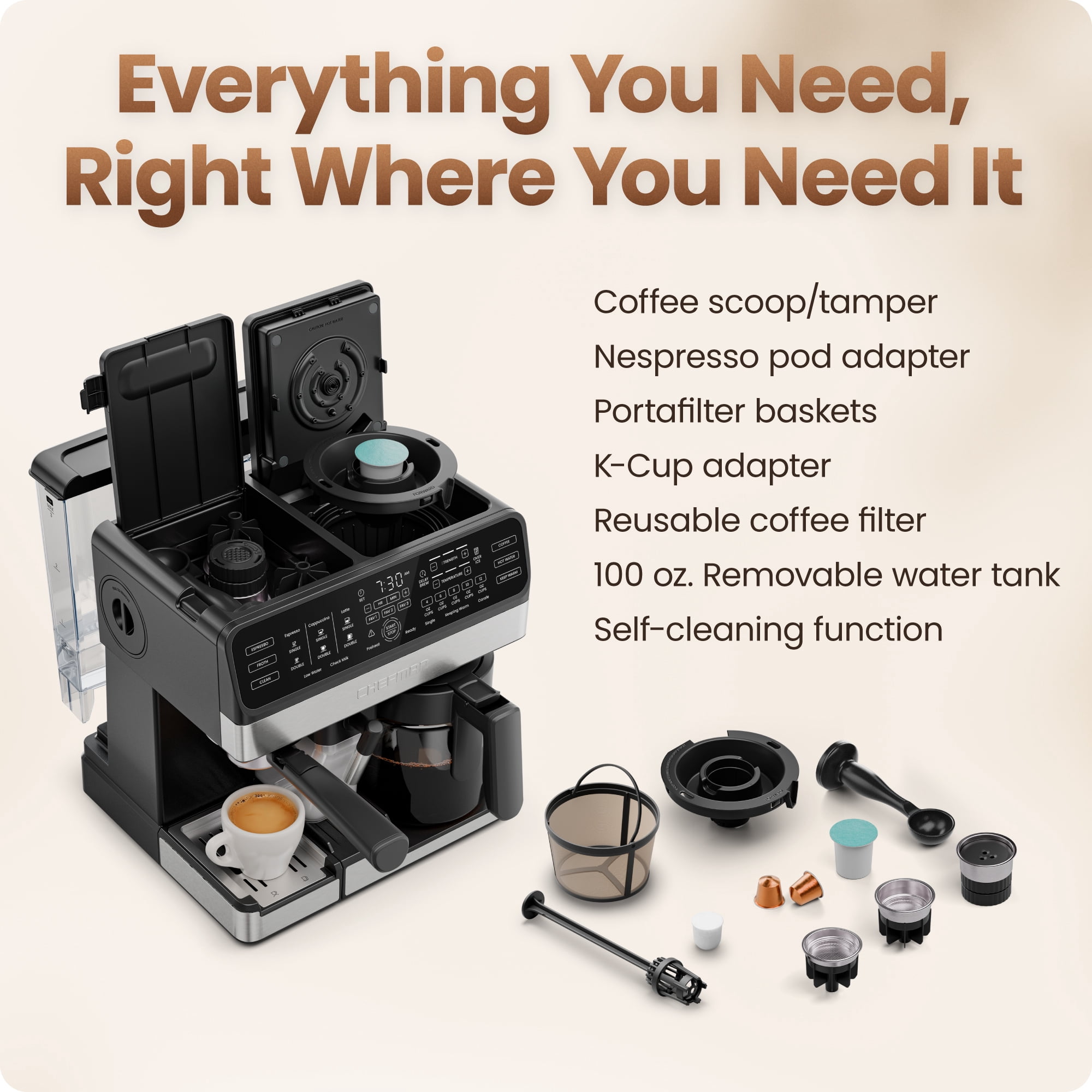 Chefman Coffee Station, Coffee Maker Espresso Machine Combo, Automatic Milk Frother – Black