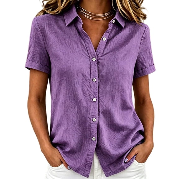 QIYAGBSA Short Sleeve Collared Button Down Shirt for Women Relaxed Fit Solid Color Casual Summer Top(Purple S)