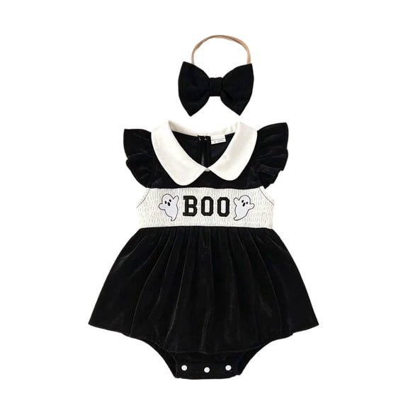Vdoaml Baby Girls 2pc Halloween Outfits Infant Flutter Sleeve Dress Romper Bow Headband Set Fall Ghost Print Bodysuit 0-3 Months Black