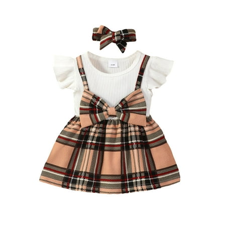 

One opening Toddler Baby Girls Spring Ribbed A-line Dress Ruffle Fly Sleeve Bow Front Plaid Print Dress with Headband