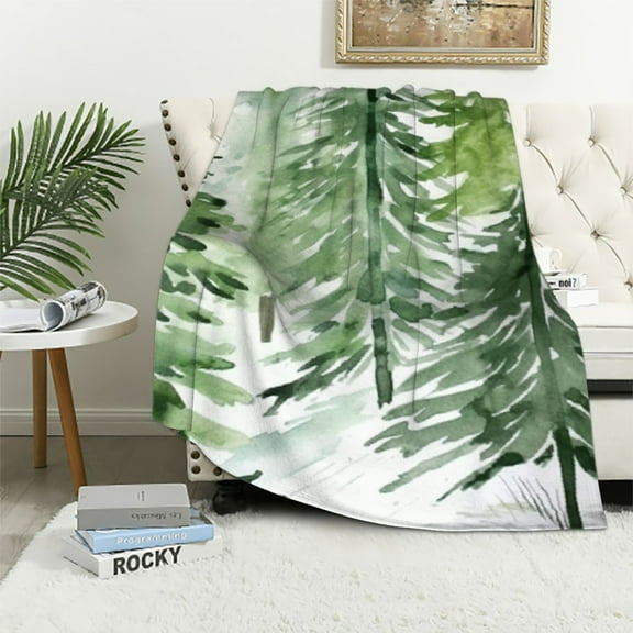 COMIO Green Forest Tree Flannel Blankets, Pine Coniferou Trees Forest Watercolor Design Throw Bed Blanket for Sofa Chair Bed