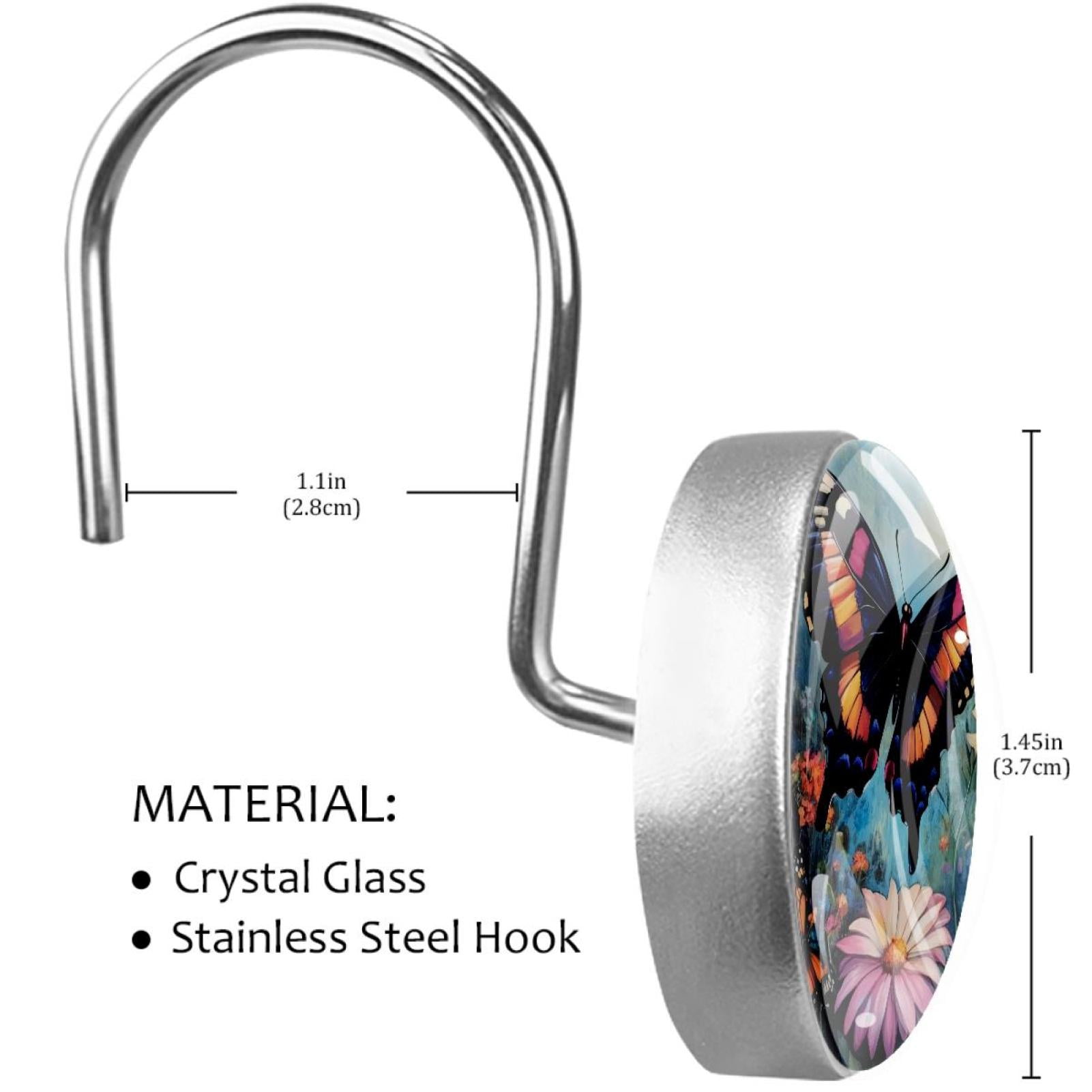 Butterfly Daisy Wildflowers Shower Curtain Hooks Round Crystal Glass, Set of 12 Shower Curtain Rings - Shower Hooks for Curtain Shower Rings