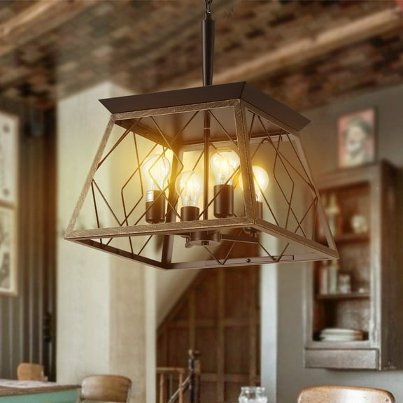 4-Light Farmhouse Vintage Chandelier, Rustic Pendant Light, with Faux Wood Finish, Adjustable Chain Industrial Fixture for Dining Room, Foyer, Kitchen Island, Blackish Gold E26 Base