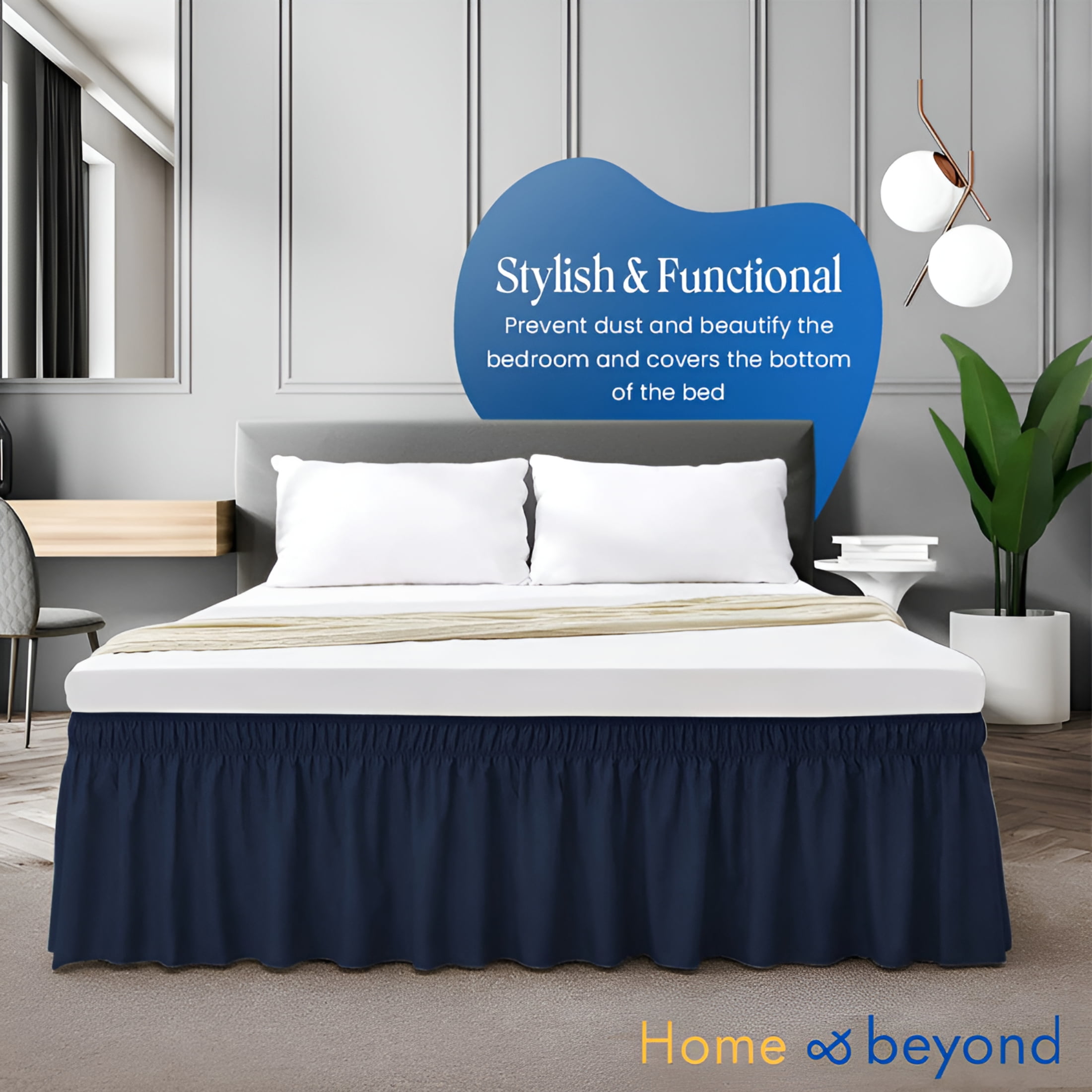 Arlajo Wrap Around Bed Skirt 14" Inch Drop Easy Care Microfiber Made Bedskirts (King-Navy Blue)