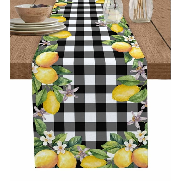 Lemon Table Runner 36 Inches, Black Plaid Check Yellow Fruit Flower Floral Bed Runner Dresser Scarves Tabletop for Indoor Outdoor Parties/Ceremony/Banquet, 13"x 36"