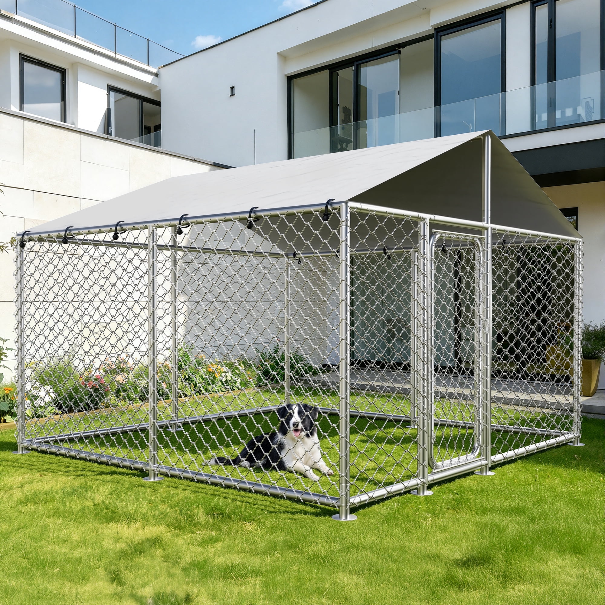 Ironovahome 7.8'x7.8' Outdoor Dog Kennel, Heavy Duty Galvanized Steel Metal Dog Pet Enclosure, with Water & UV-Resistant Proof Cover and Security Lock