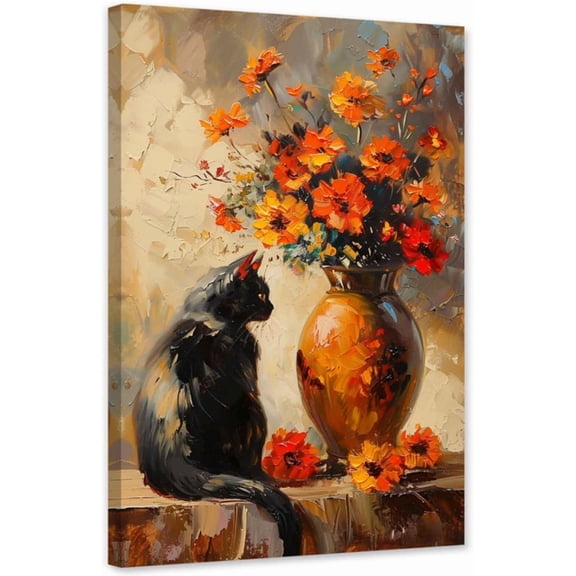 ZHONGYUTONG Black Cat Wall Art Canvas Cat and Sunflower Pictures Wall Decor Vintage Painting Animal Poster for Farmhouse Decor Framed (12.00" x 18.00")