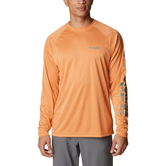Columbia Men's Terminal Tackle Heather Long Sleeve Shirt, Orange Reef Heather/Tranquil Teal Logo, Small