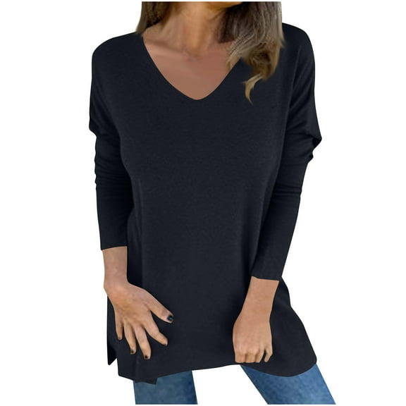 Meresysid Long Sleeve Shirts for Women's New Casual Solid Color Round Neck Long Sleeved Top With Irregular Hem T-shirt Black
