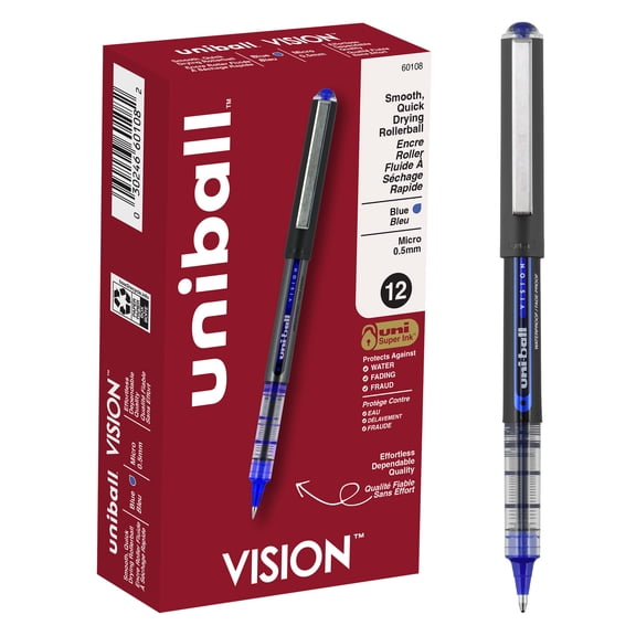 uniball Vision Rollerball Pens, Micro Point, 0.5mm, Blue Ink, 12 Count