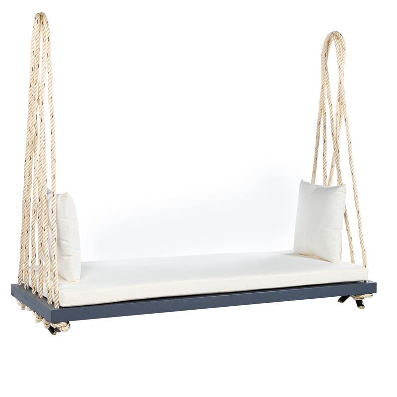 Patio Wooden Swing Chair, 2-Seat Hanging Porch Hammock Bench with Cushion & Pillows, Outdoor Swing Bench with 10.8Ft Hemp Ropes for Garden, Backyard, Lawn