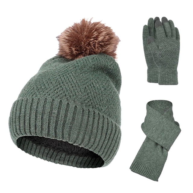 GDREDA Wool Knitted Three Piece Set Gloves Hat Scarf Warm Accessory Green,One Size