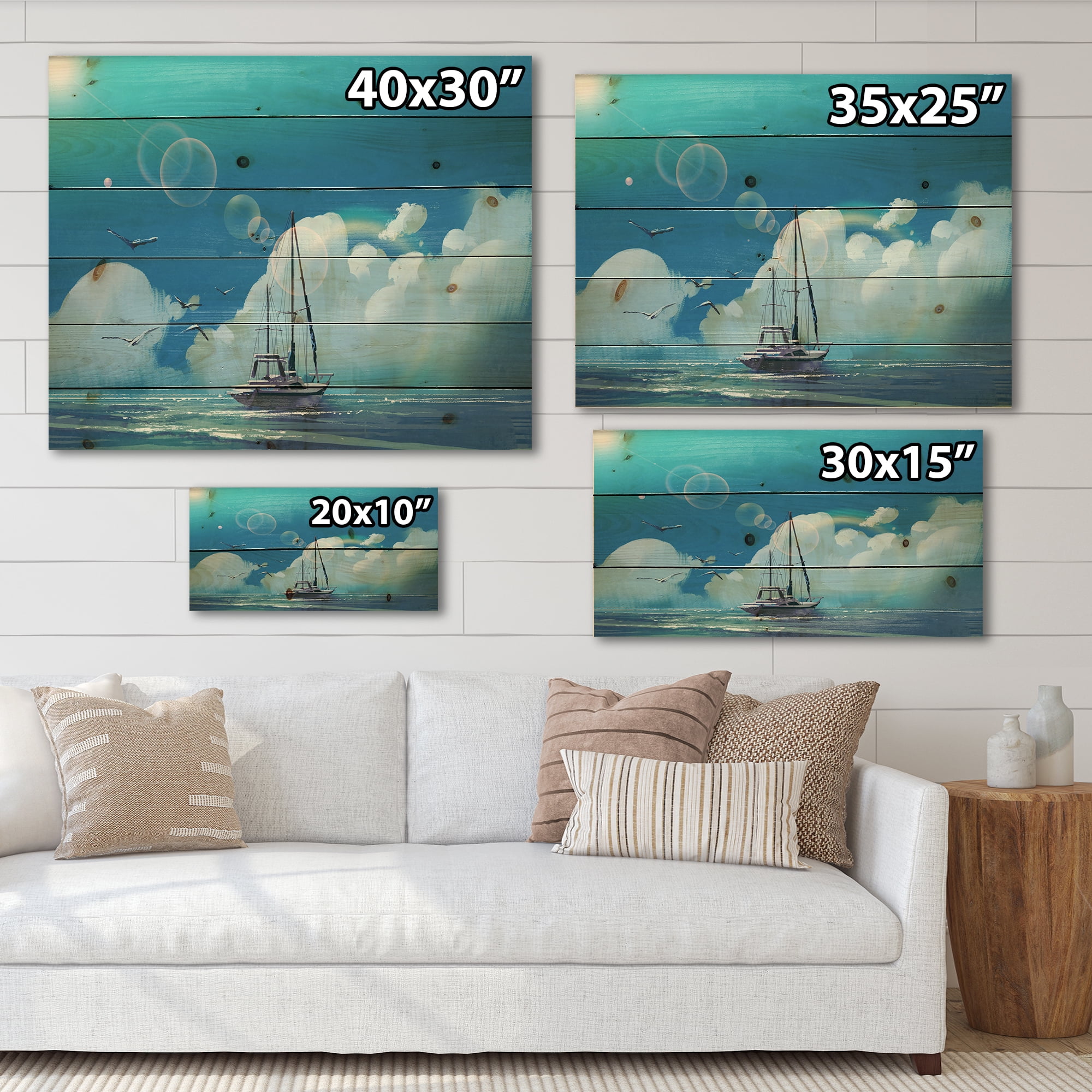 Designart 'The Sailboat On The Blue Sea Against Summer Clouds Sky' Nautical & Coastal Print on Natural Pine Wood