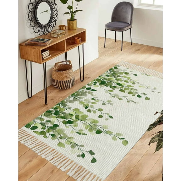 Green Eucalyptus Leaves Area Rug 3x5ft Woven Runner Rug,Summer Watercolor Leaf Washable Living Room Hallway Bedroom Kitchen Carpet with Tassels,Indoor Outdoor Throw Door Mat for Entryway