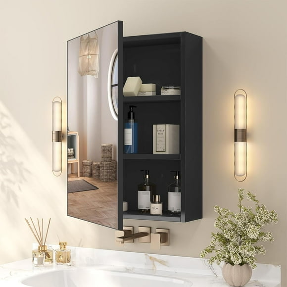 Black Aluminum Framed Bathroom Medicine Cabinet 16 W x 22 H Bathroom Mirror Cabinet with Recessed or Surface Wall-Mounted Mirror Single Door Metal Modern Vanity Mirror with Storage Cabinet