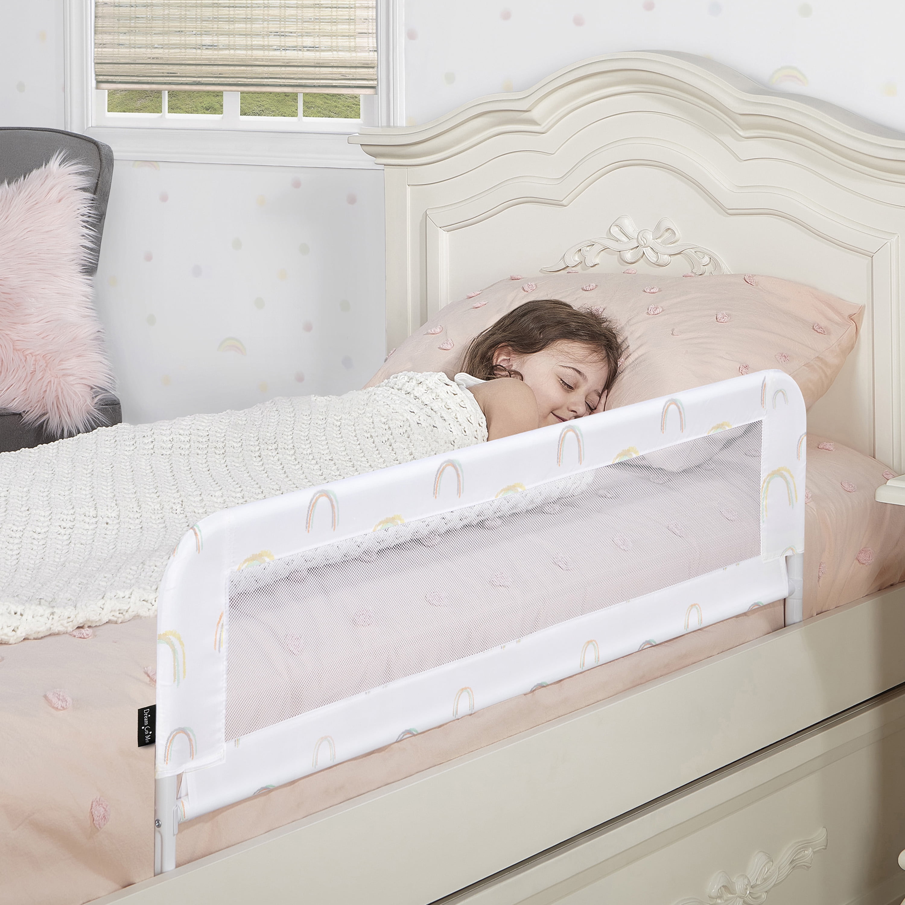 Dream On Me Adjustable Mesh Bed Rail, Rainbow Grey Print