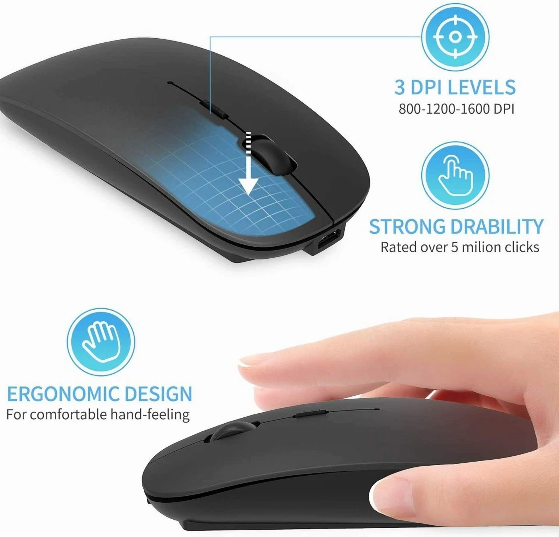 RHEA- 2× Wireless Bluetooth Optical Mouse Led 2.4Ghz Usb Rechargeable Mice Pc Laptop