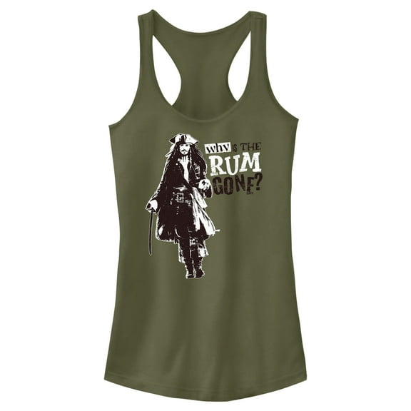 Junior's Pirates of the Caribbean: Dead Man's Chest Jack Sparrow Why is the Rum Gone Racerback Tank Top Military Green X Large