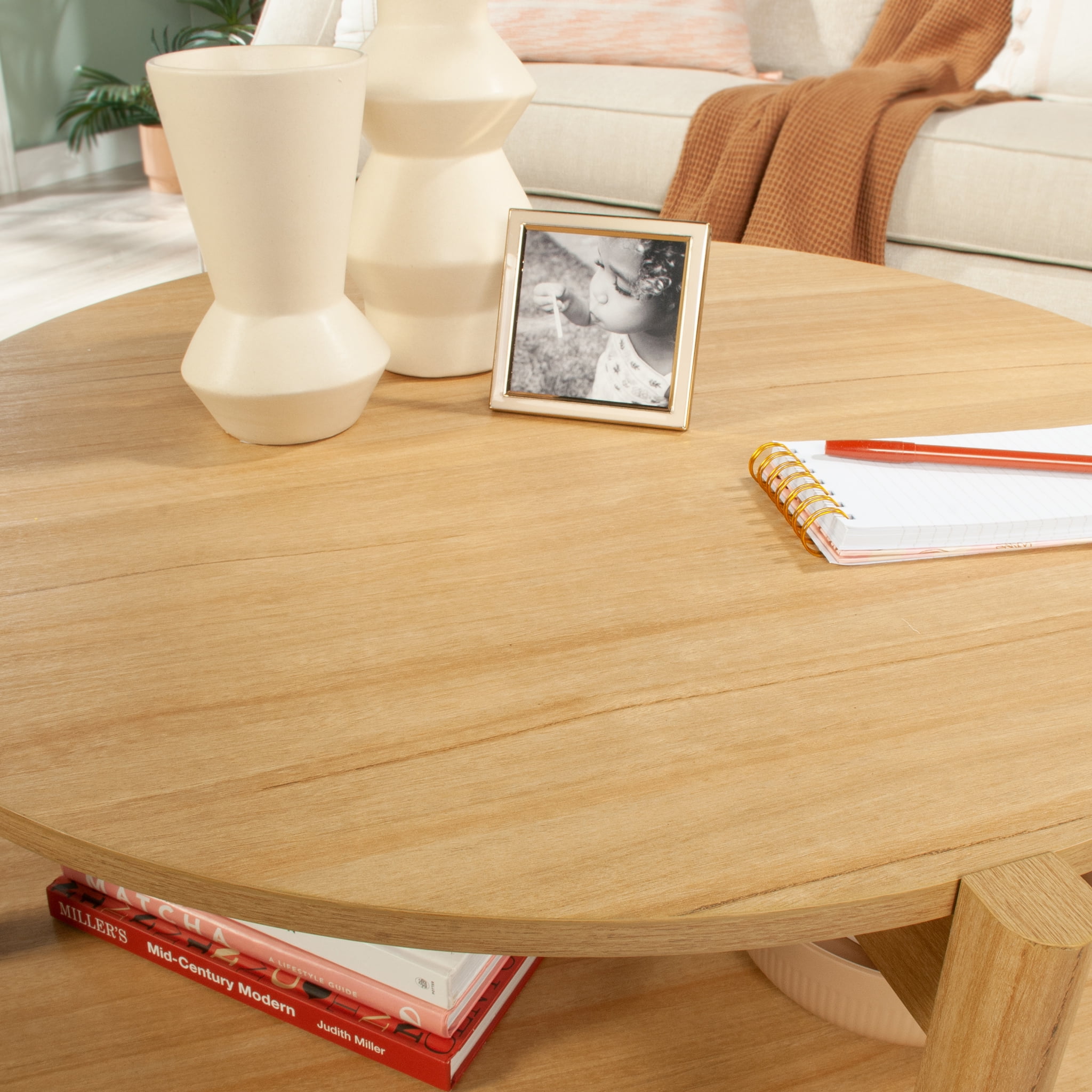 Mainstays Round Modern Dowel Coffee Table, Natural Teak Finish