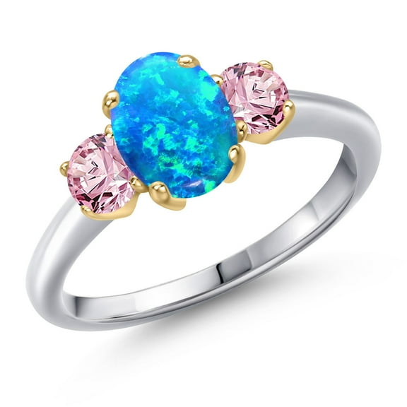Gem Stone King 925 Silver and 10K Yellow Gold Simulated Blue Opal and Pink Lab Grown Diamond Engagement Ring for Women | 1.56 Cttw | Oval Cabochon 8X6MM | Gemstone October Birthstone | Size 8