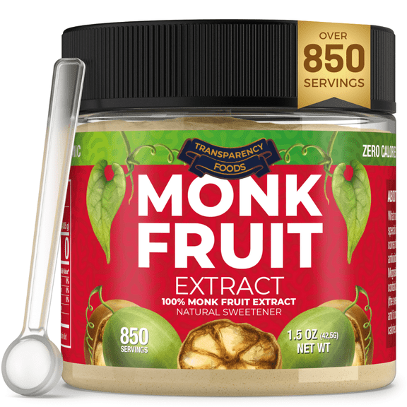Monk Fruit Extract (90X Sweeter Than Sugar) Sugar Substitute, Zero Calories, Zero Glycemic, Non-GMO, 25% Mogroside V - Monk Fruit Sweetener No Erythritol by Transparency Foods (1.5oz, 850 servings)