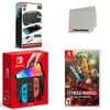 Nintendo Switch OLED Console Neon Red & Blue with Hyrule Warriors: Age of Calamity, Accessory Starter Kit and Screen Cleaning Cloth Bundle