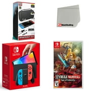 Nintendo Switch OLED Console Neon Red & Blue with Hyrule Warriors: Age of Calamity, Accessory Starter Kit and Screen Cleaning Cloth Bundle