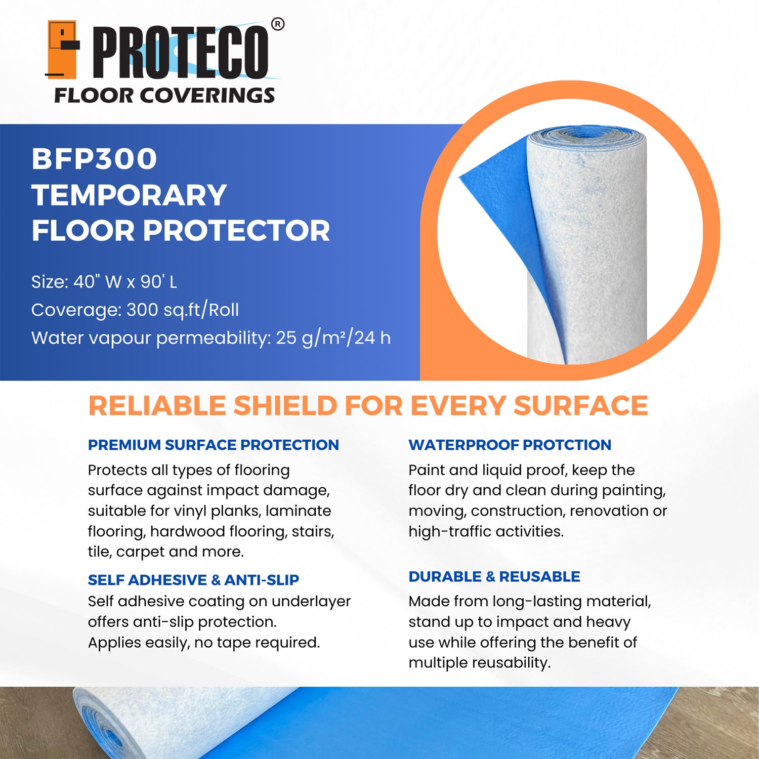 Dekorman Fabric with Breathable Film Temporary Flooring and Carpet Protective Film 40 in W x 90 ft L x 1.5 mm (300sq. ft./Roll)
